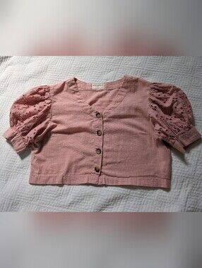 Bombay Paisley 100% Cotton Eyelet Sleeve Button Down Crop Top Blouse Large